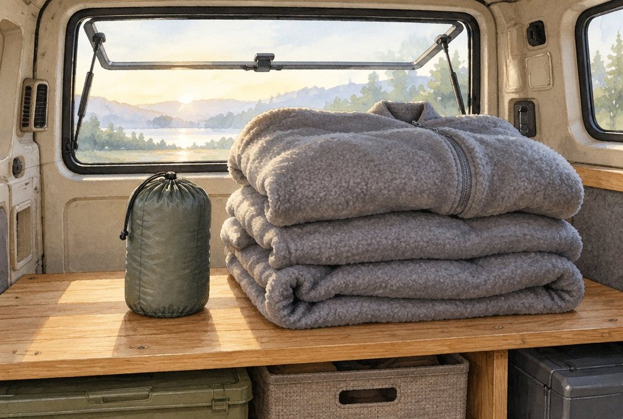 車の荷室の棚に、小さな収納袋に入れた中綿ブランケットと、大きく畳んだフリースの着る毛布が並んでいるイメージイラスト（実商品の再現ではありません）