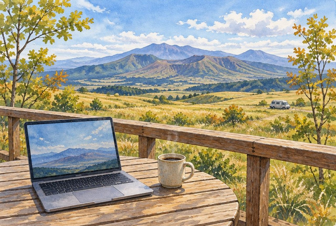 ノートPCとコーヒーをテラス席に置いた仕事のイメージイラスト（実景の再現ではありません）