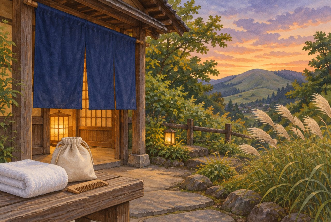 無地の暖簾とタオル、入浴用ポーチを描いた温泉支度のイメージイラスト（実景の再現ではありません）