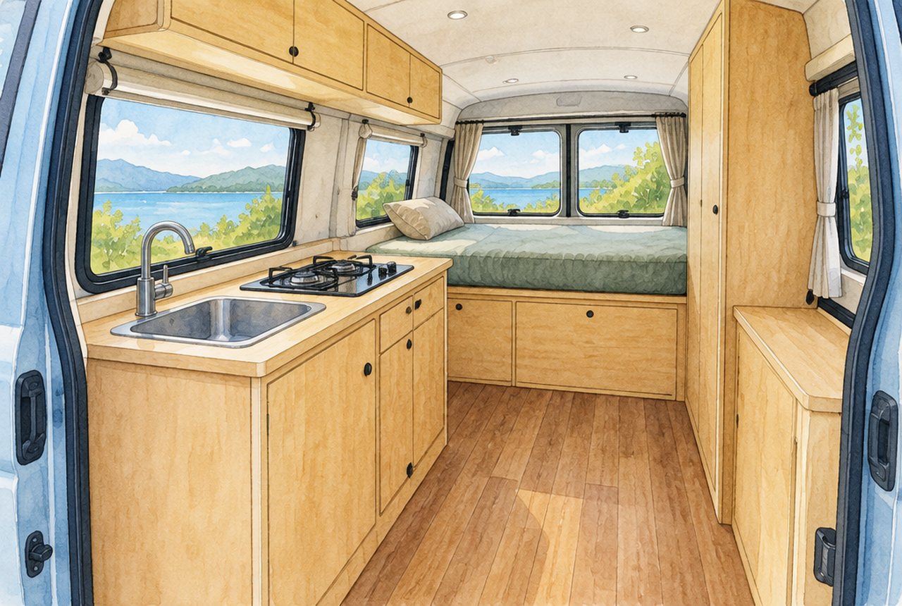 バンの車内にシンクとコンロのある小さなキッチン台と、その後ろのベッドを描いたキャンピング車の車内のイメージイラスト