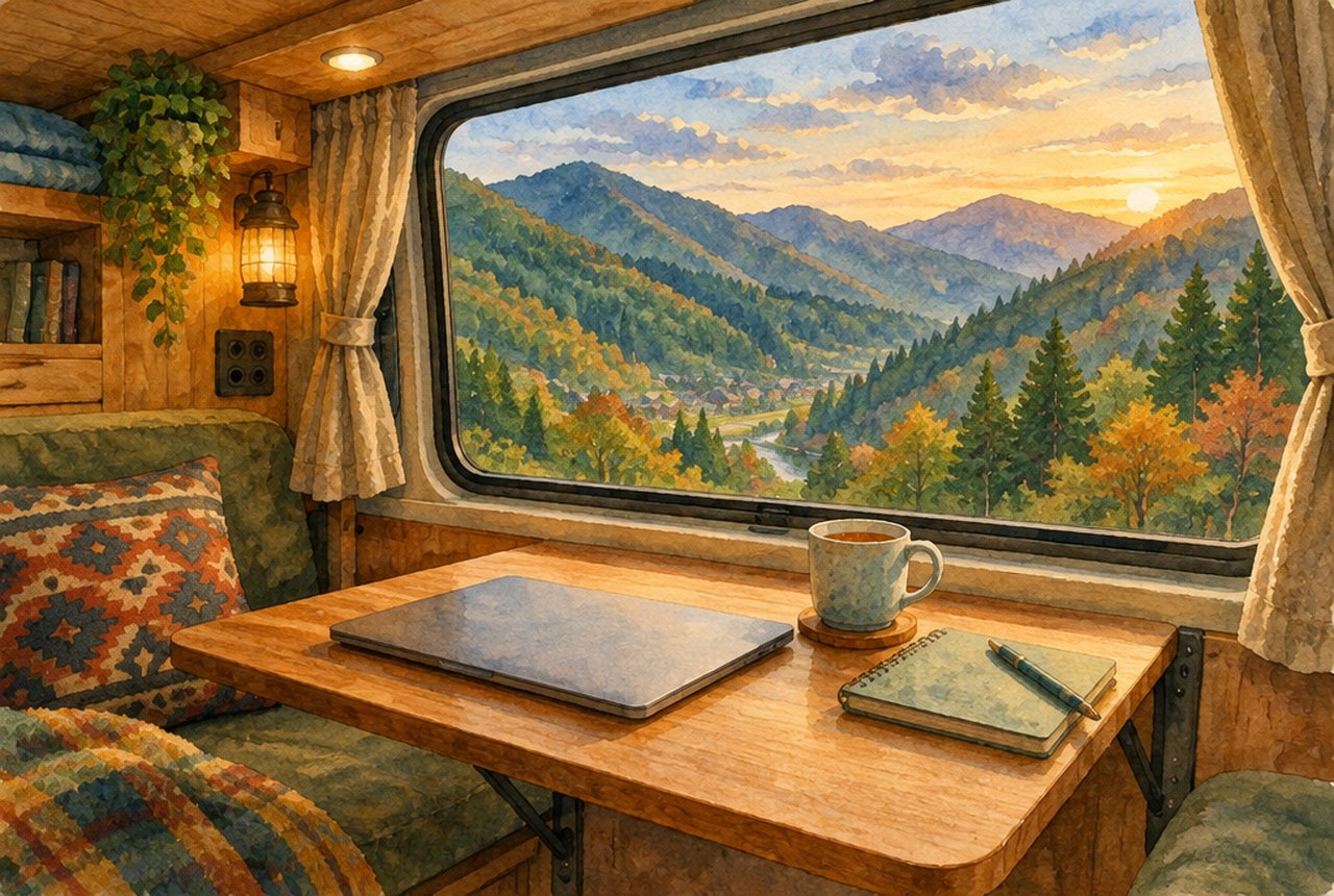 車内の机で仕事をする準備と、窓の外に山あいの景色を描いたワーケーションのイメージイラスト（実景ではありません）