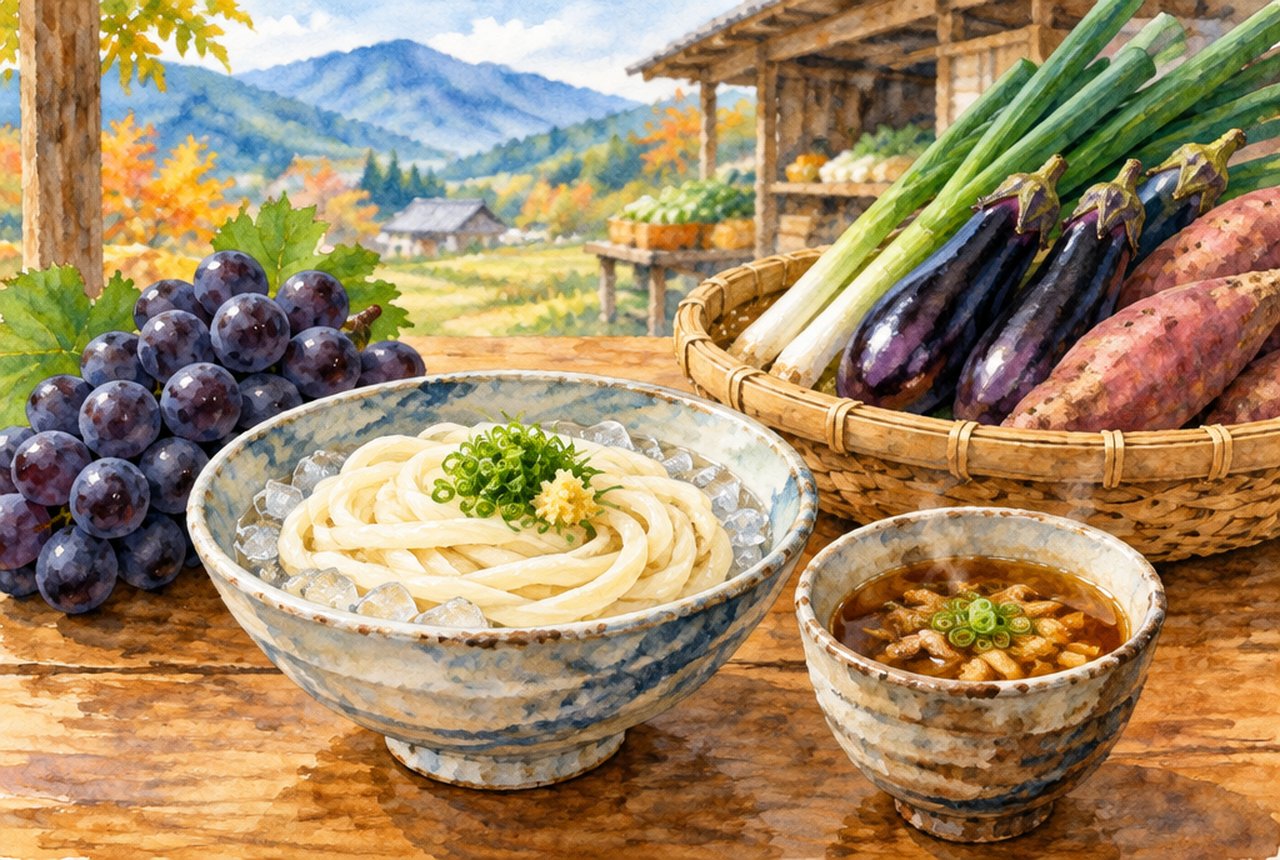 もち麦うどんと秋のぶどう、直売所の野菜かごを描いた三次の食のイメージイラスト（実景・実際のメニューの再現ではありません）