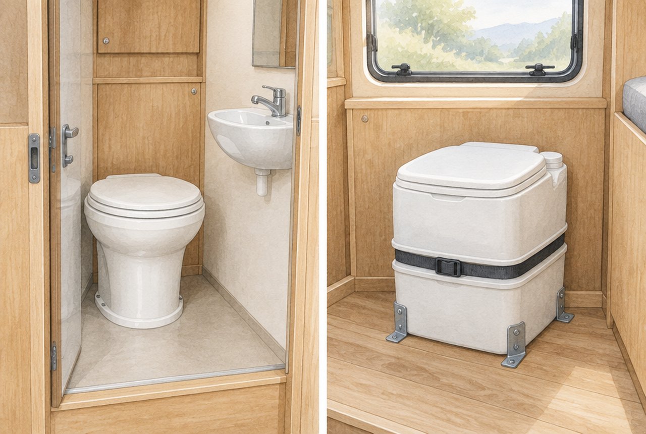 キャンピングカーの車内で、トイレ専用の小部屋に固定されたトイレと、床の固定具に留めた置き型トイレを並べたイメージイラスト（実景・実車の再現ではありません）