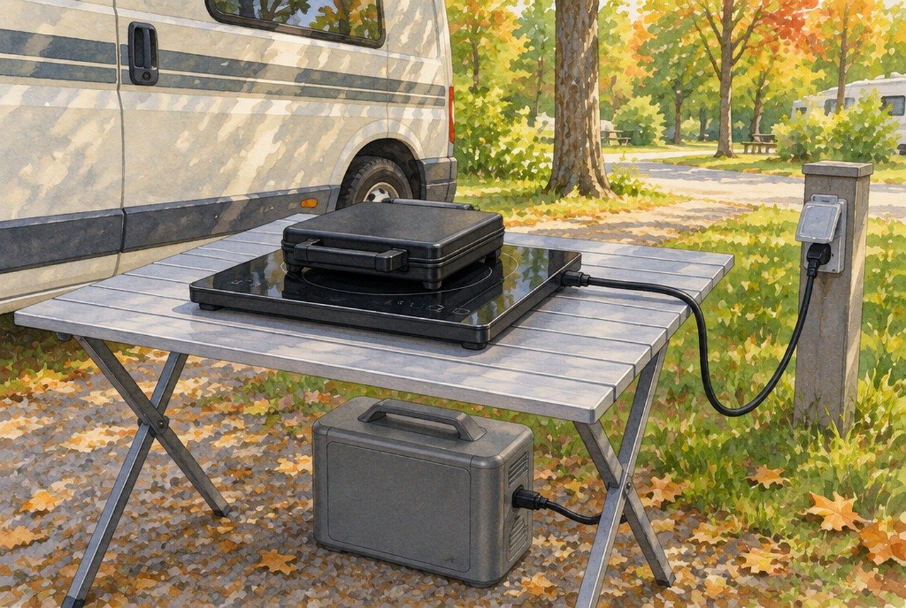 RVパークの区画で、車の横のテーブルに卓上IH調理器とホットサンドメーカー、ポータブル電源を並べたイメージイラスト（実商品の再現ではありません）