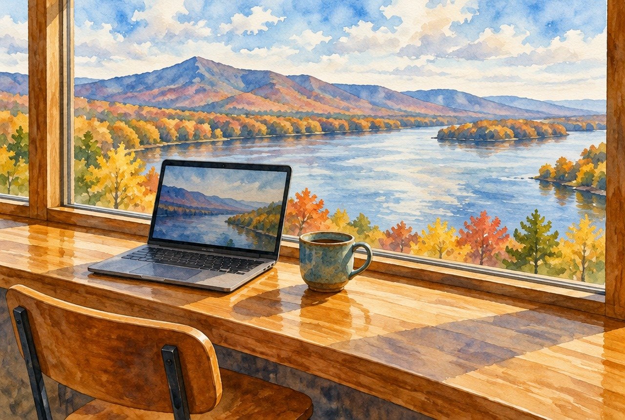 ノートPCとマグを置き、川と山並みを望む窓辺で過ごす仕事のイメージイラスト（実景の再現ではありません）