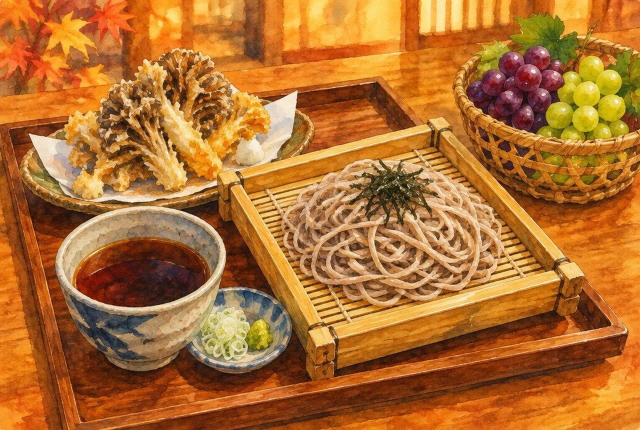舞茸の天ぷらとざるそば、ぶどうの籠を並べた秋の食卓のイメージイラスト（実景の再現ではありません）