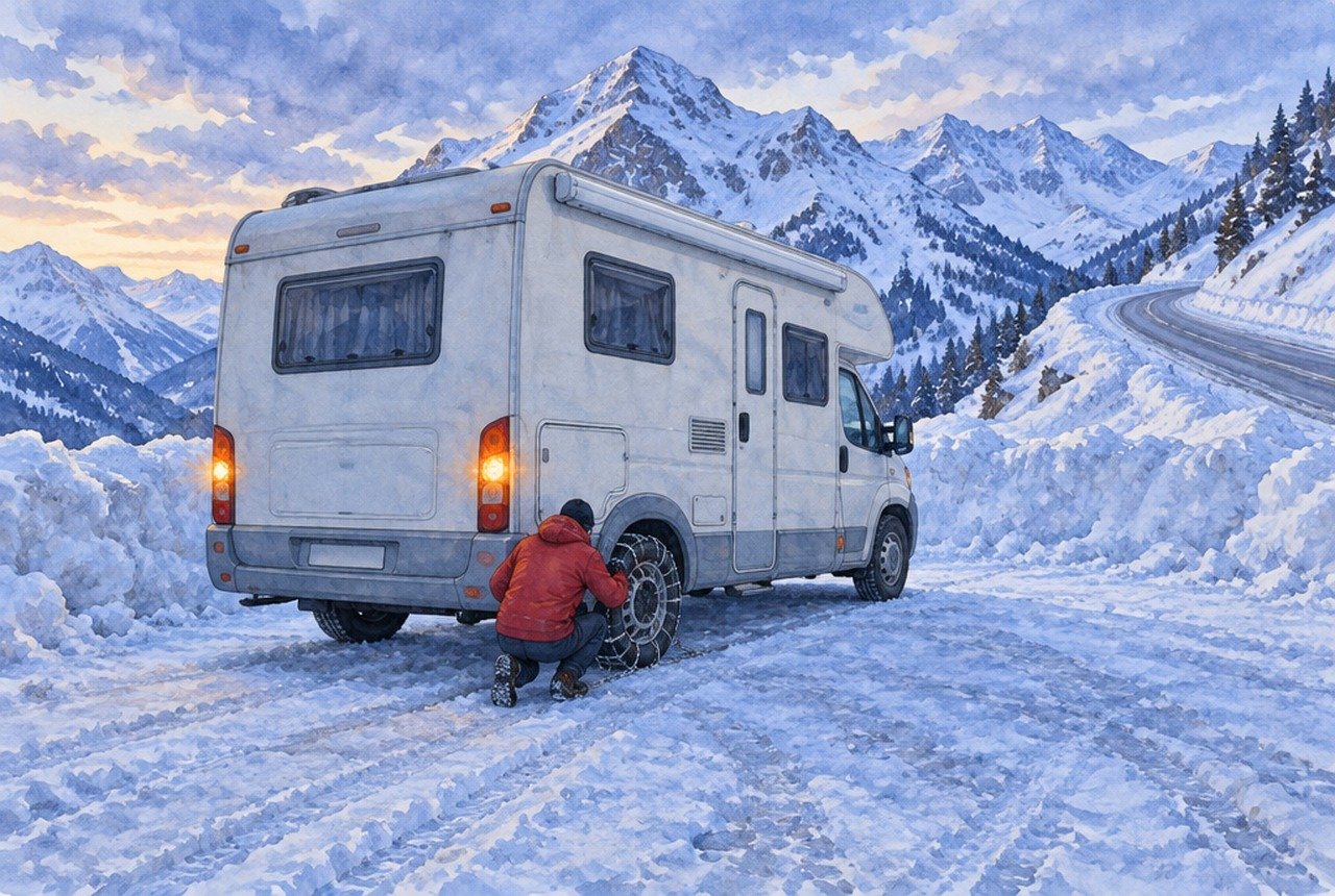 雪の峠道の手前にある広い待避所で、キャンピングカーの後輪にタイヤチェーンを取り付けているイメージイラスト（実景・実車の再現ではありません）