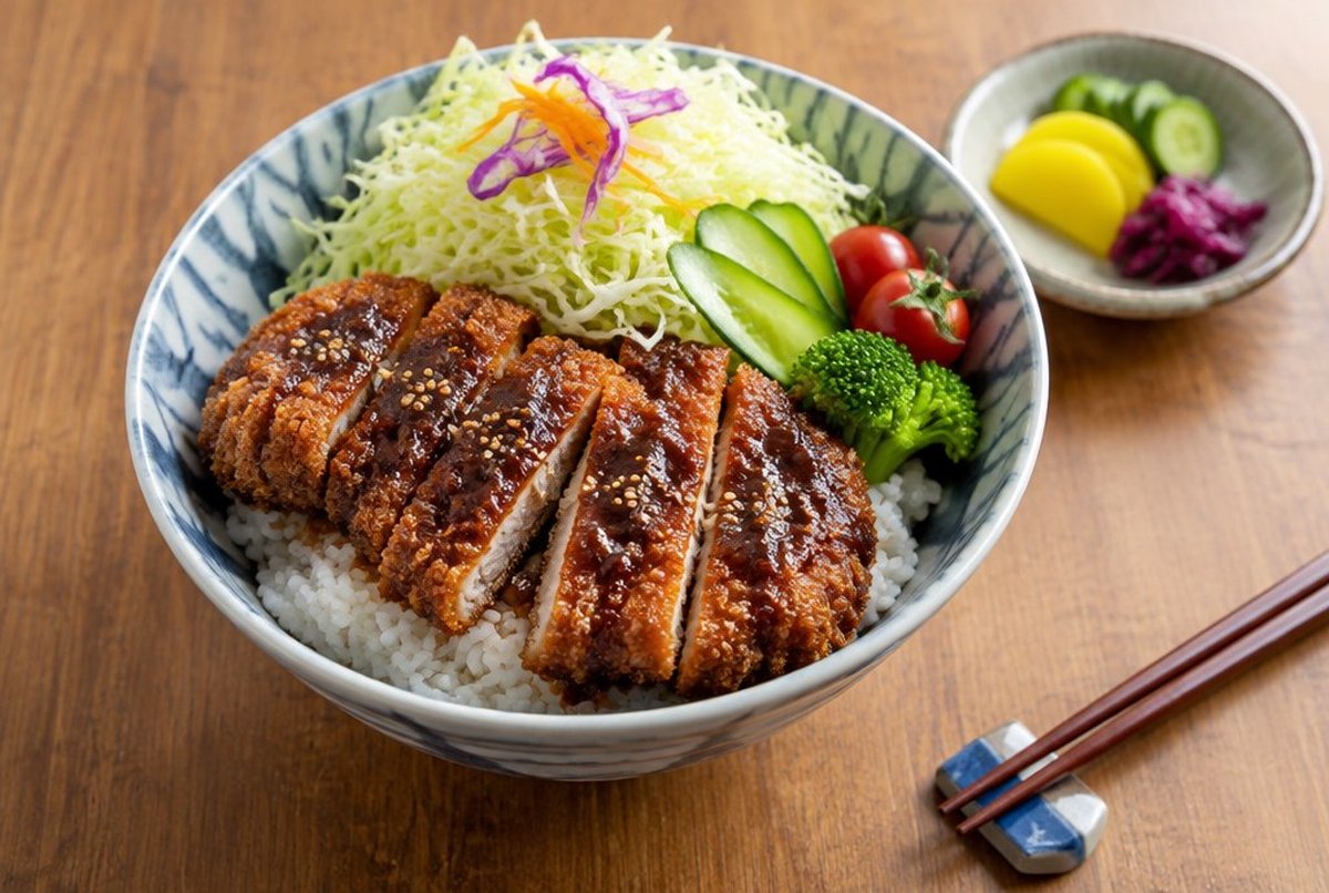 湯気の立つ丼にカツと千切り野菜がのった昼ごはん