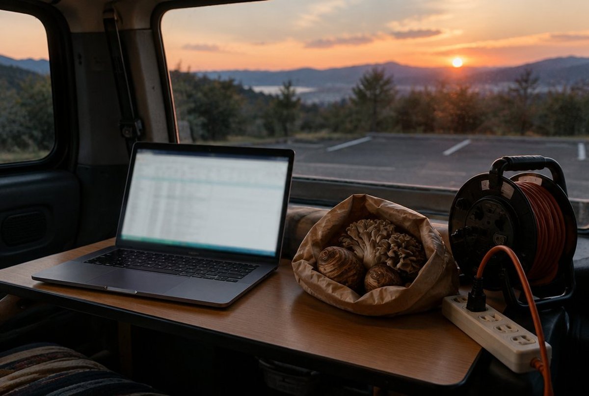 夕方の車内でノートPCを開き、横に紙袋の総菜と野菜を置いた作業スペース