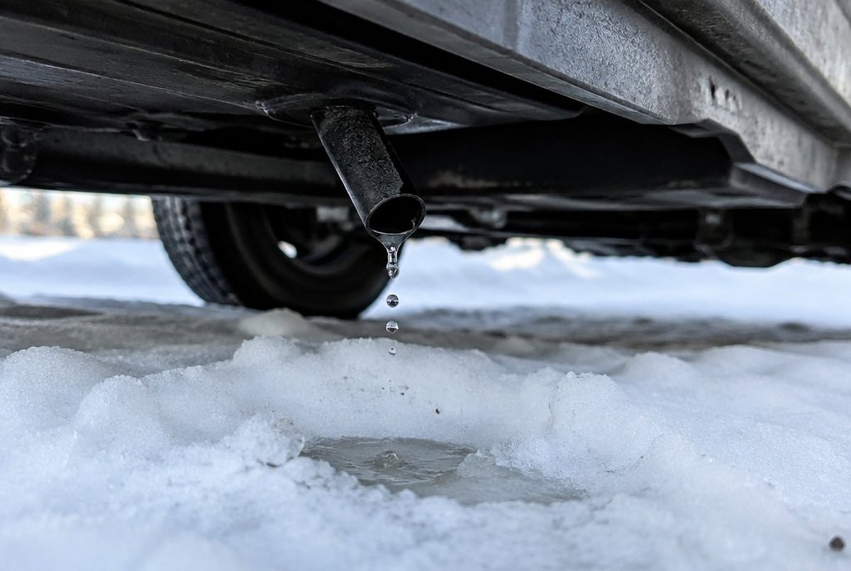 雪の残る駐車場で、キャンピングカーの床下にある小さな排出口から水が落ち、足元に氷が張り始めている様子