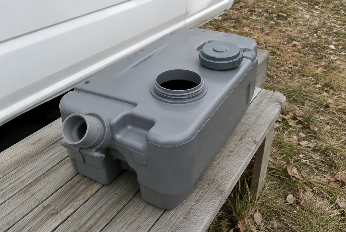 カセットトイレのタンクを車外に出し、ふたを開けたまま乾かしている様子。周りは冬の枯れ草