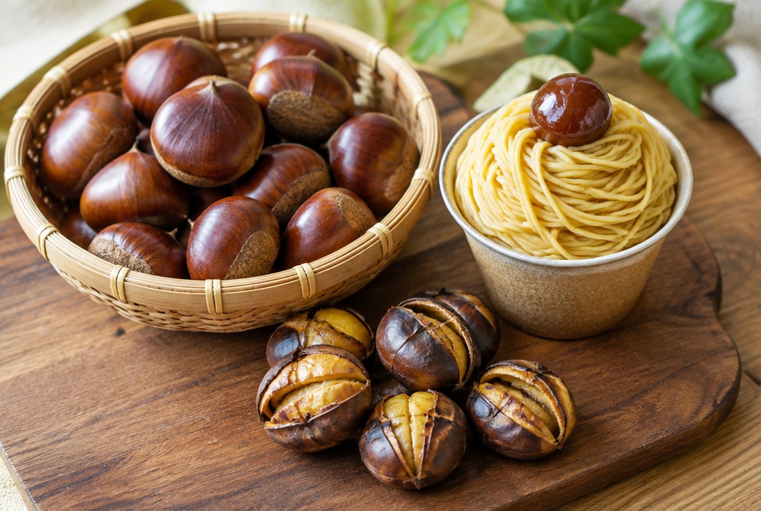 木の台の上に、つやのある生栗と焼き栗、栗のスイーツが並んだ秋の食卓