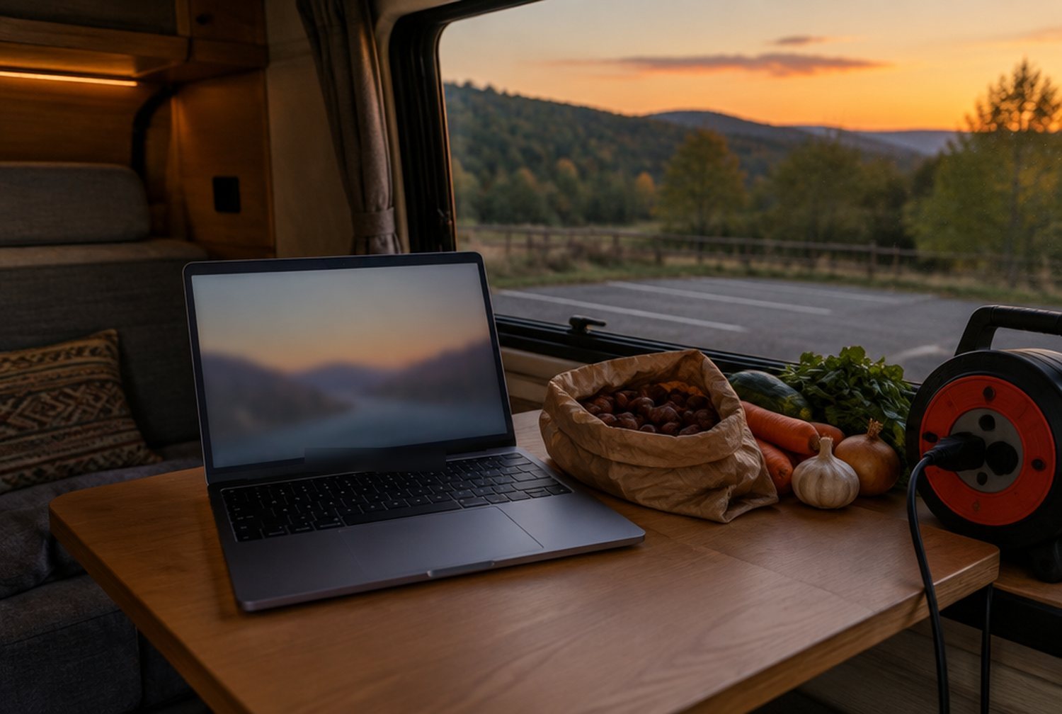 夕方のバンの車内でノートPCを開き、横に紙袋の生栗と野菜を置いた作業スペース