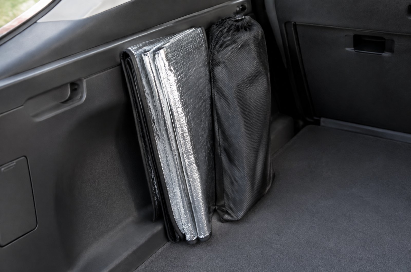車の荷室の壁際に立てて収めた、折り畳んだ銀色のシェードの束と黒いメッシュの収納袋。イメージ画像（AI生成。実際の商品の写真ではありません）