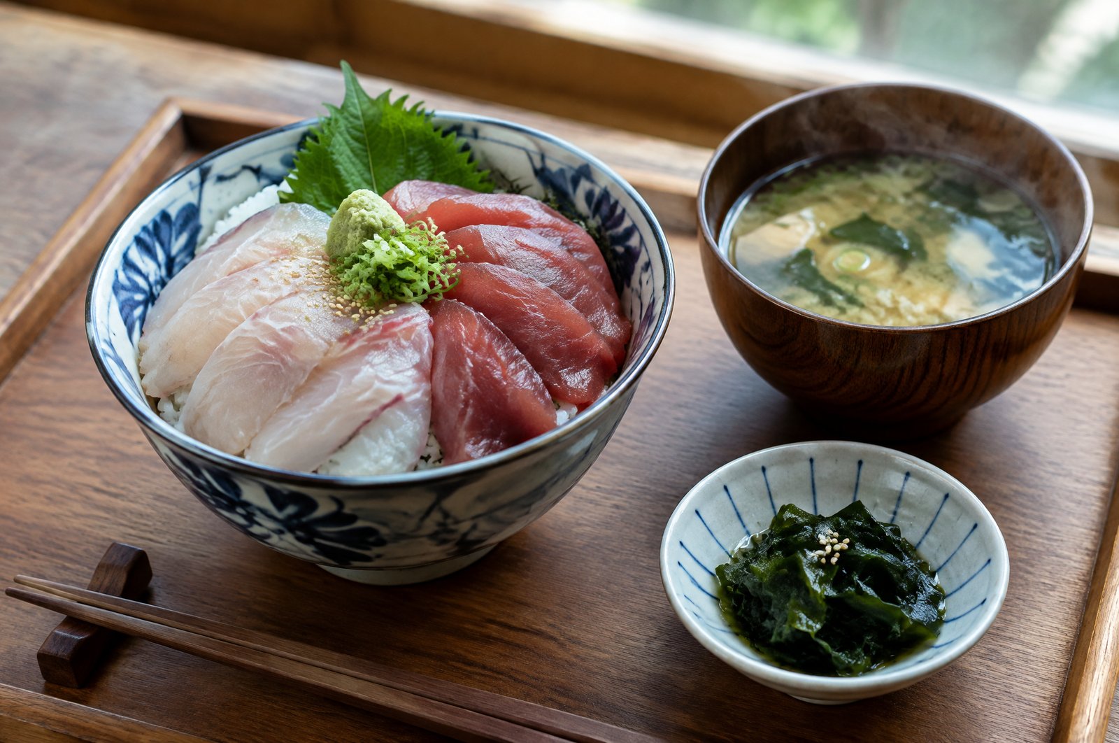 木の台に並んだ地魚の丼と汁物、小鉢の海藻、窓辺からの自然光