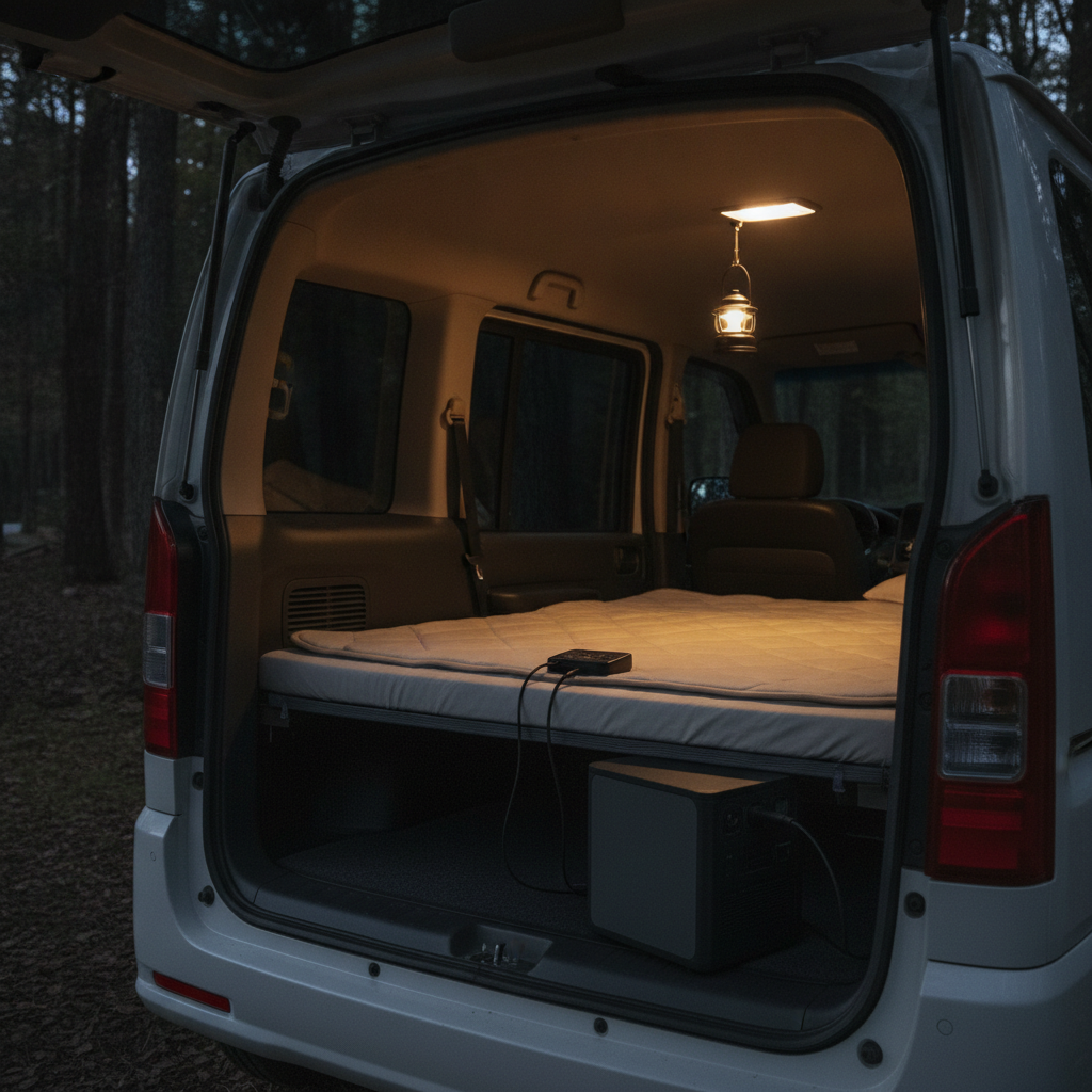 夜のキャンプ場で、ワンボックス車の荷室に敷いた寝具の上に電気毛布を広げ、そのコントローラーを車内に置いたポータブル電源につないでいる車中泊のイメージ写真（本文で紹介する製品とは異なります）