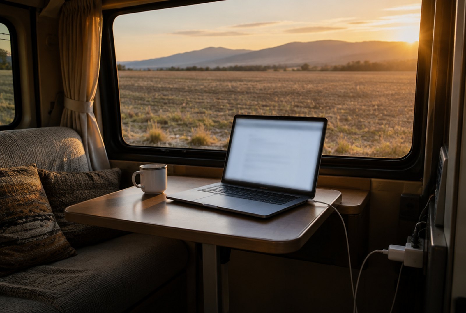 夕方の車内でノートパソコンを開き、窓の外に畑と低い山並みが広がる作業スペース