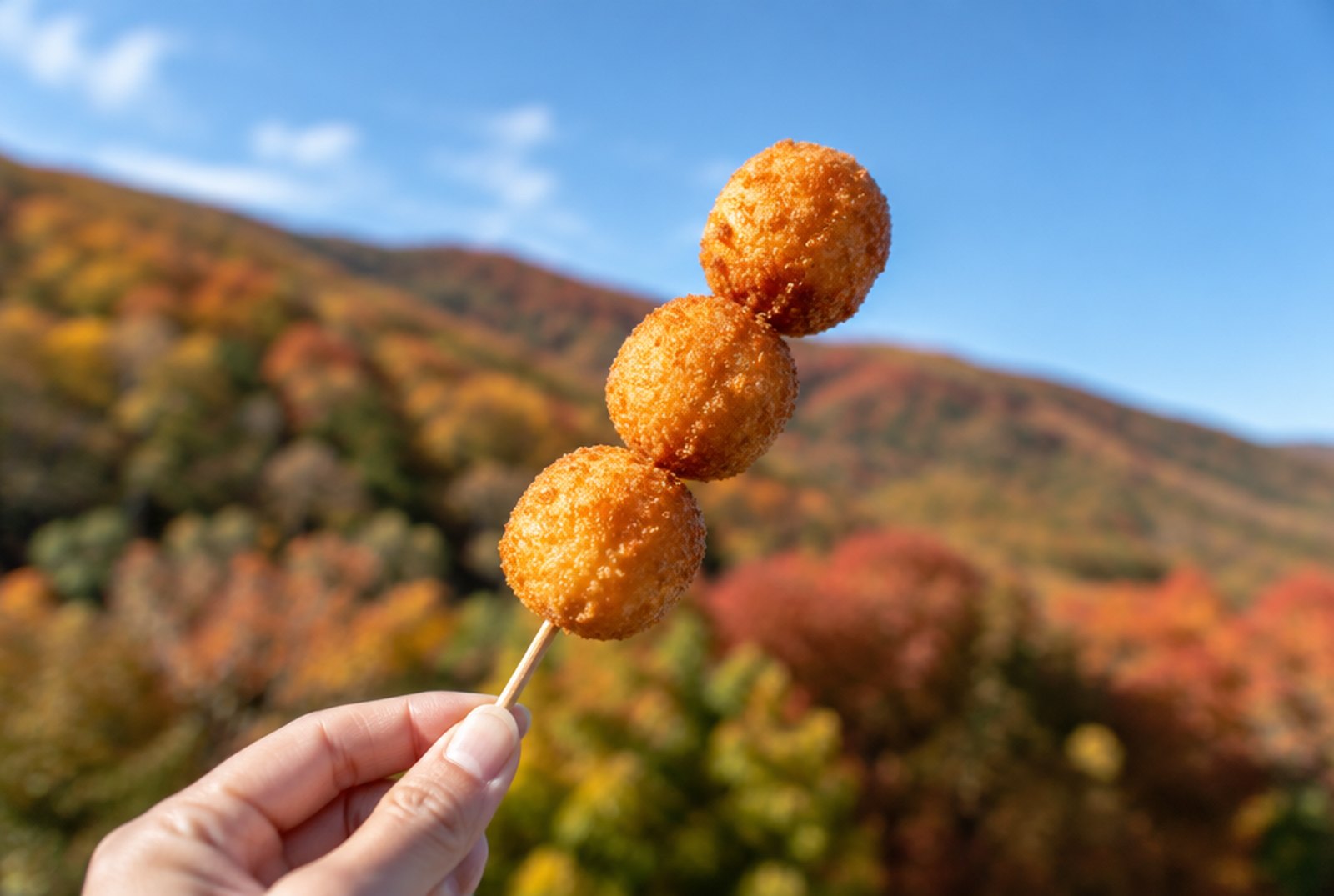 紅葉の斜面を背景に、串に刺さった揚げたての丸いジャガイモを手に持つ様子