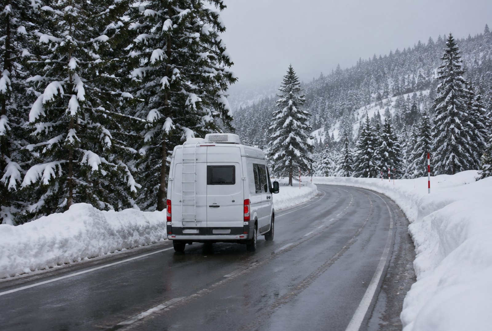 雪の残る山道を走るキャンピングカーのイメージ（AI生成。実際の車両・場所の写真ではありません）