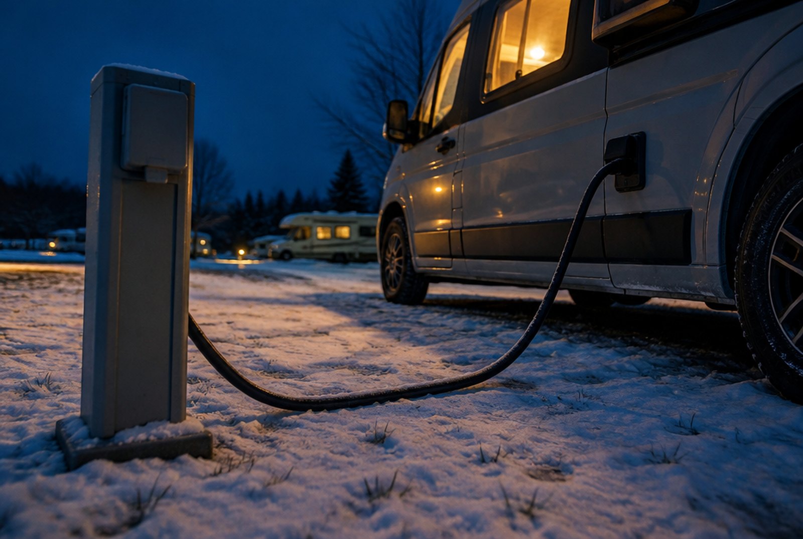 冬の夜、雪のRVパークの電源スタンドからキャンピングカーへ電源ケーブルがつながっている様子（イメージ画像・AI生成。実際の車両・場所の写真ではありません）