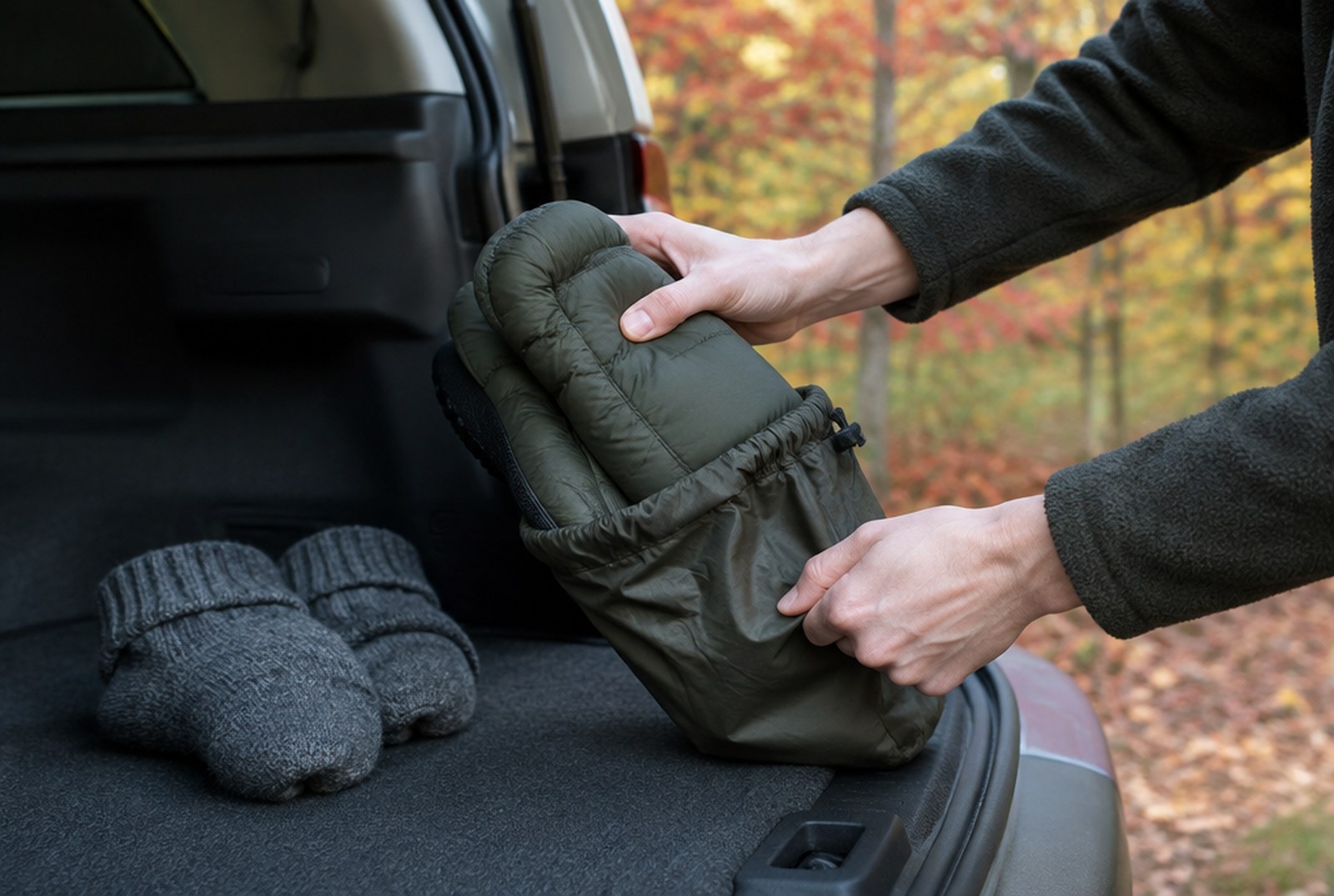 車のリアゲートを開けた荷室の端で、小さな収納袋に入れたキャンプシューズと、丸めたウールの靴下を整理している手元。イメージ画像（AI生成。実際の商品の写真ではありません）