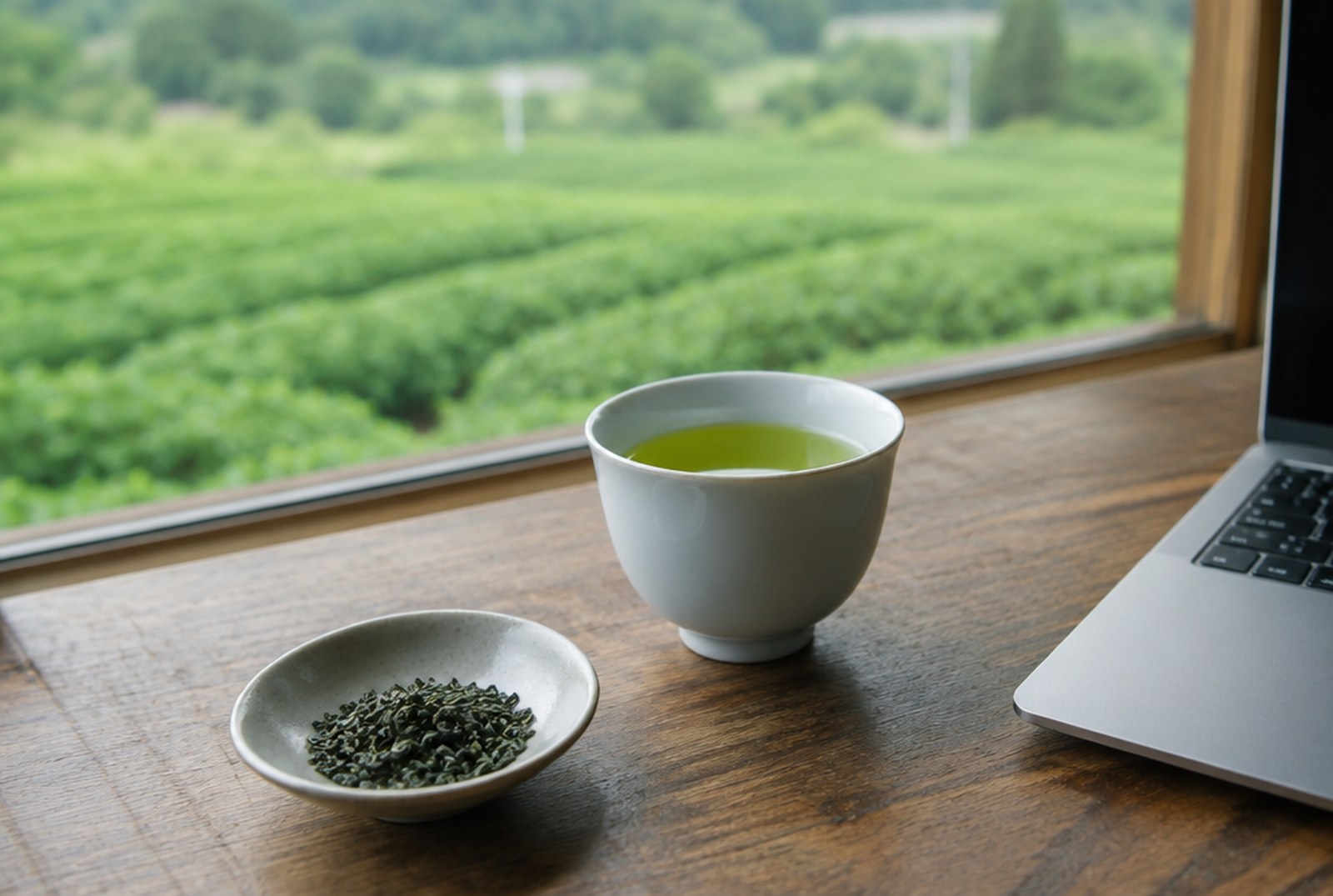 木のテーブルに置いた白い湯のみの緑茶と、丸く縮れた茶葉を入れた小皿、窓の外に茶畑