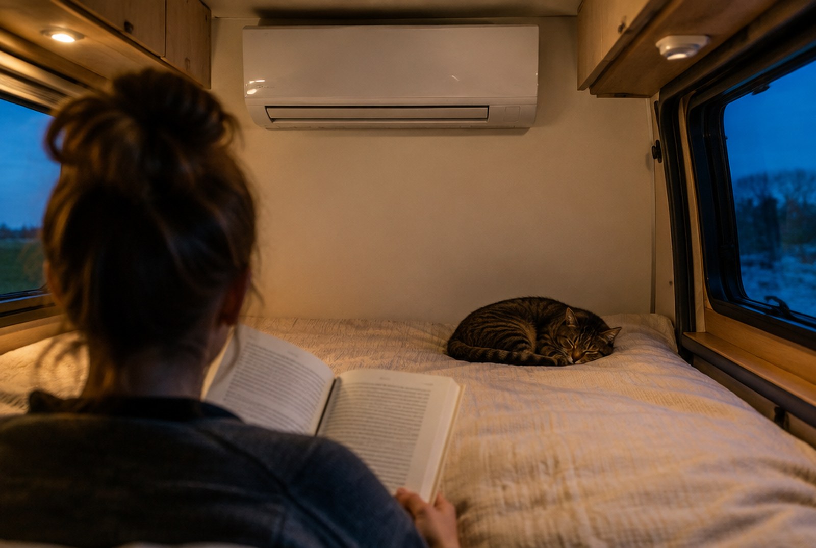 キャンピングカーの車内で、壁の上部に付いた家庭用エアコンの下のベッドに猫が丸くなり、飼い主が後ろ姿で本を読んでいるイメージ（AI生成。実際の車両の写真ではありません）