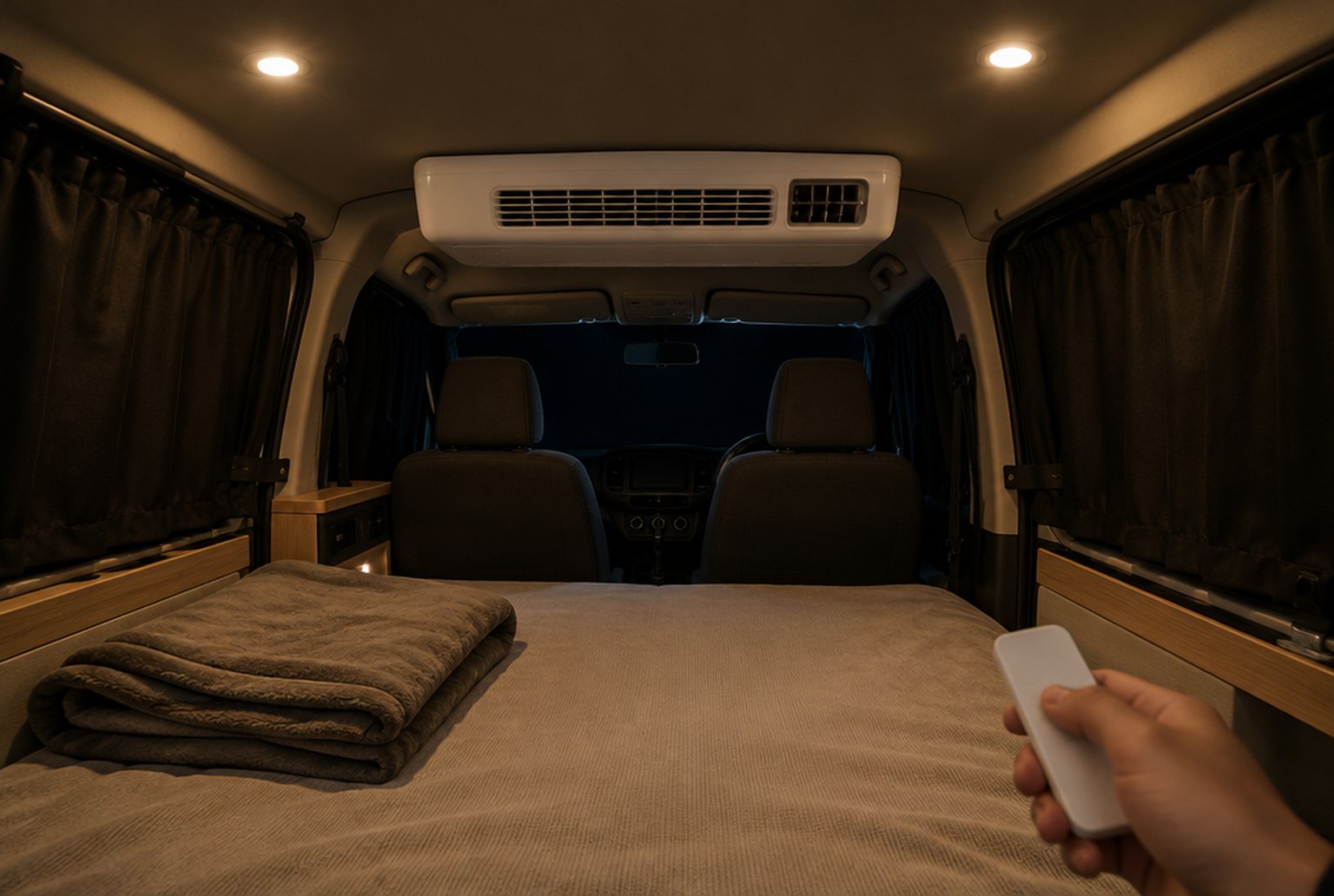 夜の軽バンの車内。カーテンを閉めた窓の下に、小型の車載クーラーの吹き出し口と、天井の暖色のダウンライト（イメージ画像（AI生成。実際の施設・商品の写真ではありません））