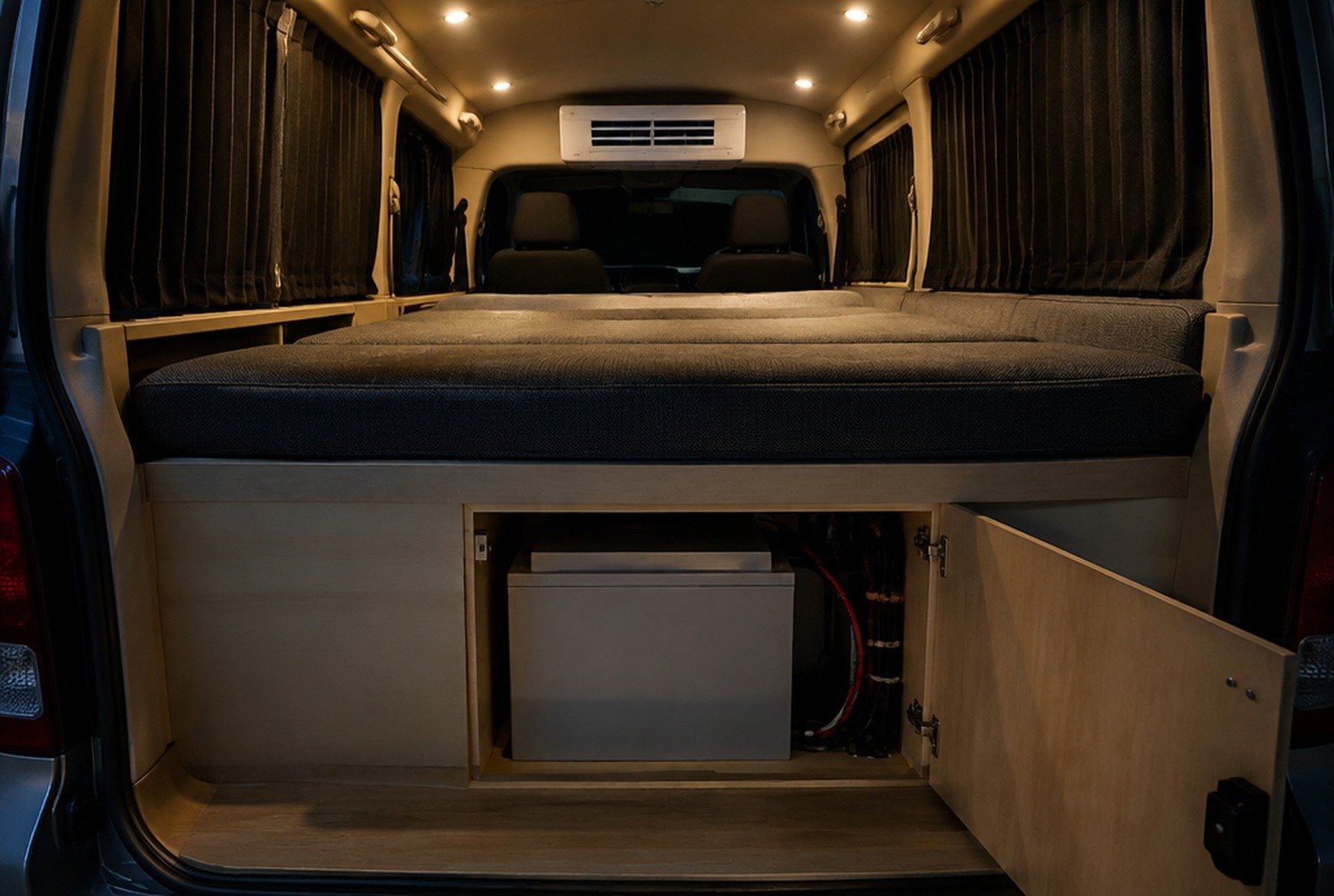 夜の軽バンの車内。ベッド下の収納の扉が開き、箱形のバッテリーとケーブルが見える。上部には小型の車載クーラーの吹き出し口（イメージ画像（AI生成。実際の施設・商品の写真ではありません））