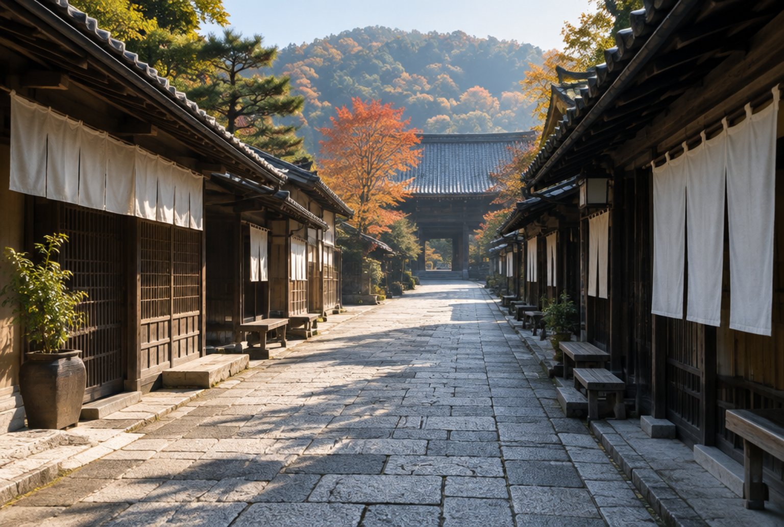 秋の朝、石畳の参道沿いに木造の古い商家が並び、軒先にのれんが下がる門前町の通り