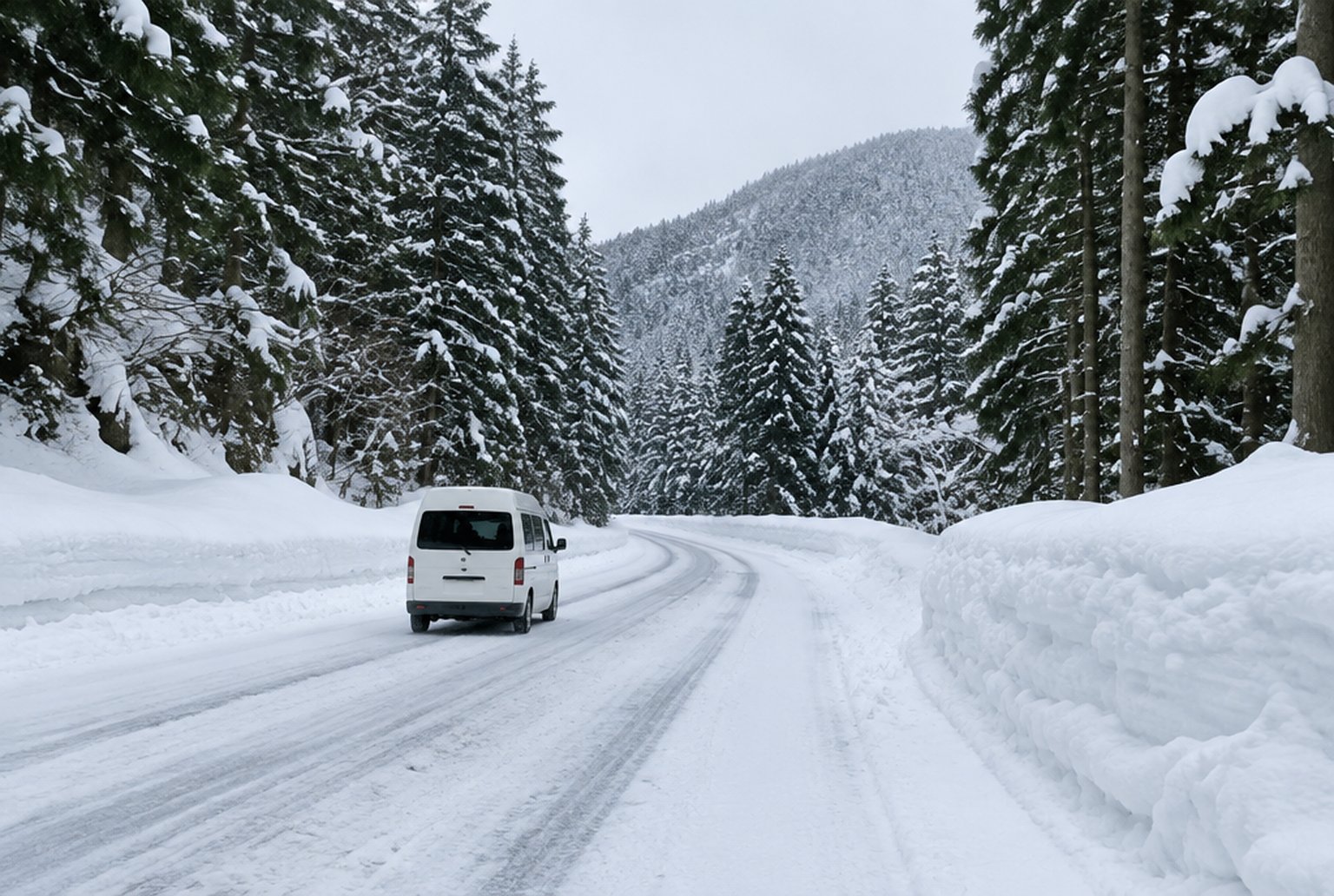 雪が積もった山道を走る白いハイルーフバン。路肩に雪の壁があり、木々に雪が積もっている（イメージ画像（AI生成。実際の施設・商品の写真ではありません））