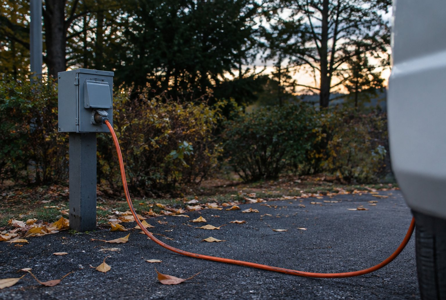 秋の夕方、木々に囲まれた駐車場の電源ボックスから、停めた車へ延ばした延長コード（イメージ画像（AI生成。実際の施設の写真ではありません））