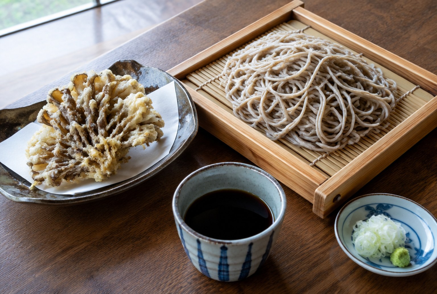 木のテーブルに置かれた竹のざるに盛ったそばと、大きな舞茸の天ぷら、そば猪口