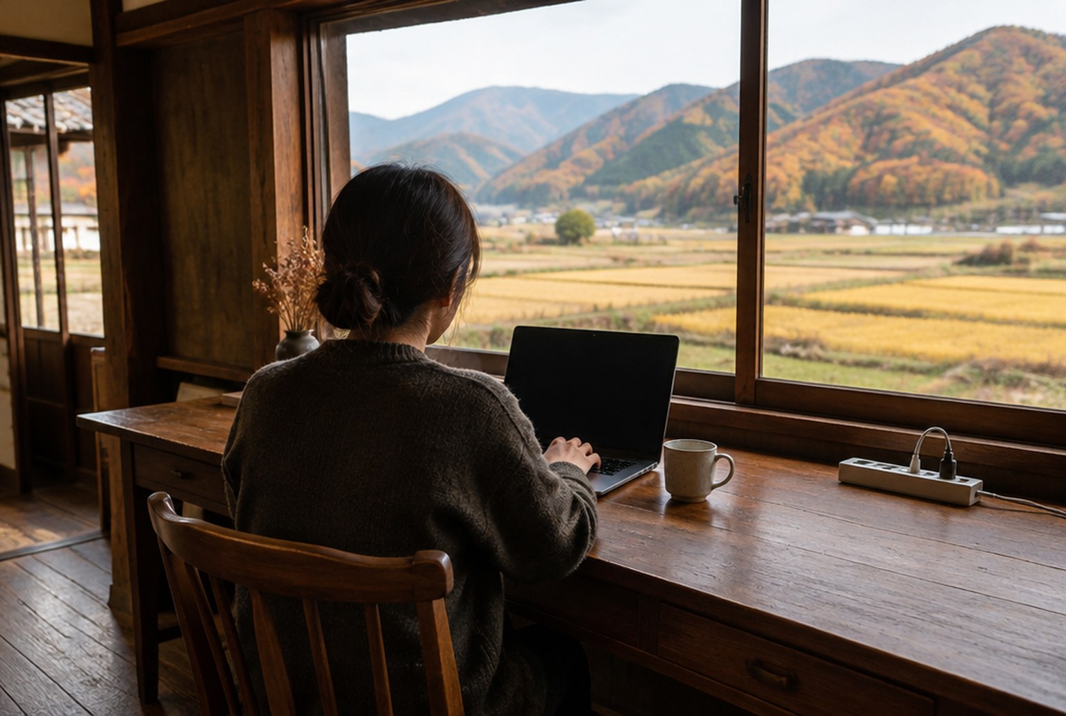 古民家の板張りの部屋で、窓に向いた木の長机でノートPCに向かう人の後ろ姿。机にはマグカップと電源タップ、窓の外に秋の田んぼと山。イメージ画像(AI生成。実際の施設・商品の写真ではありません)