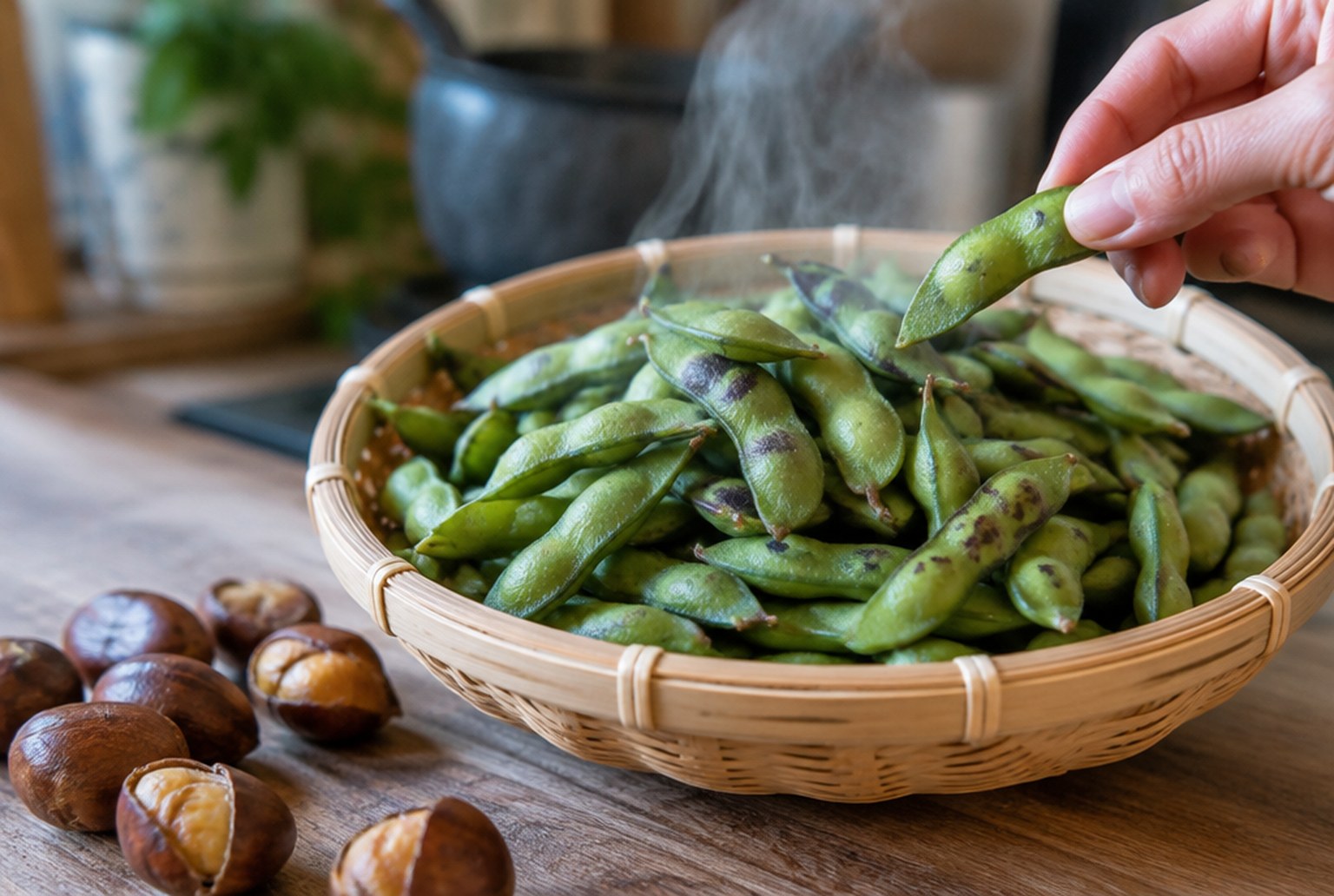 竹ざるに盛った茹でたての枝豆から湯気が立ち、さやを一つつまむ手元。横に焼き栗が数個。イメージ画像(AI生成。実際の施設・商品の写真ではありません)