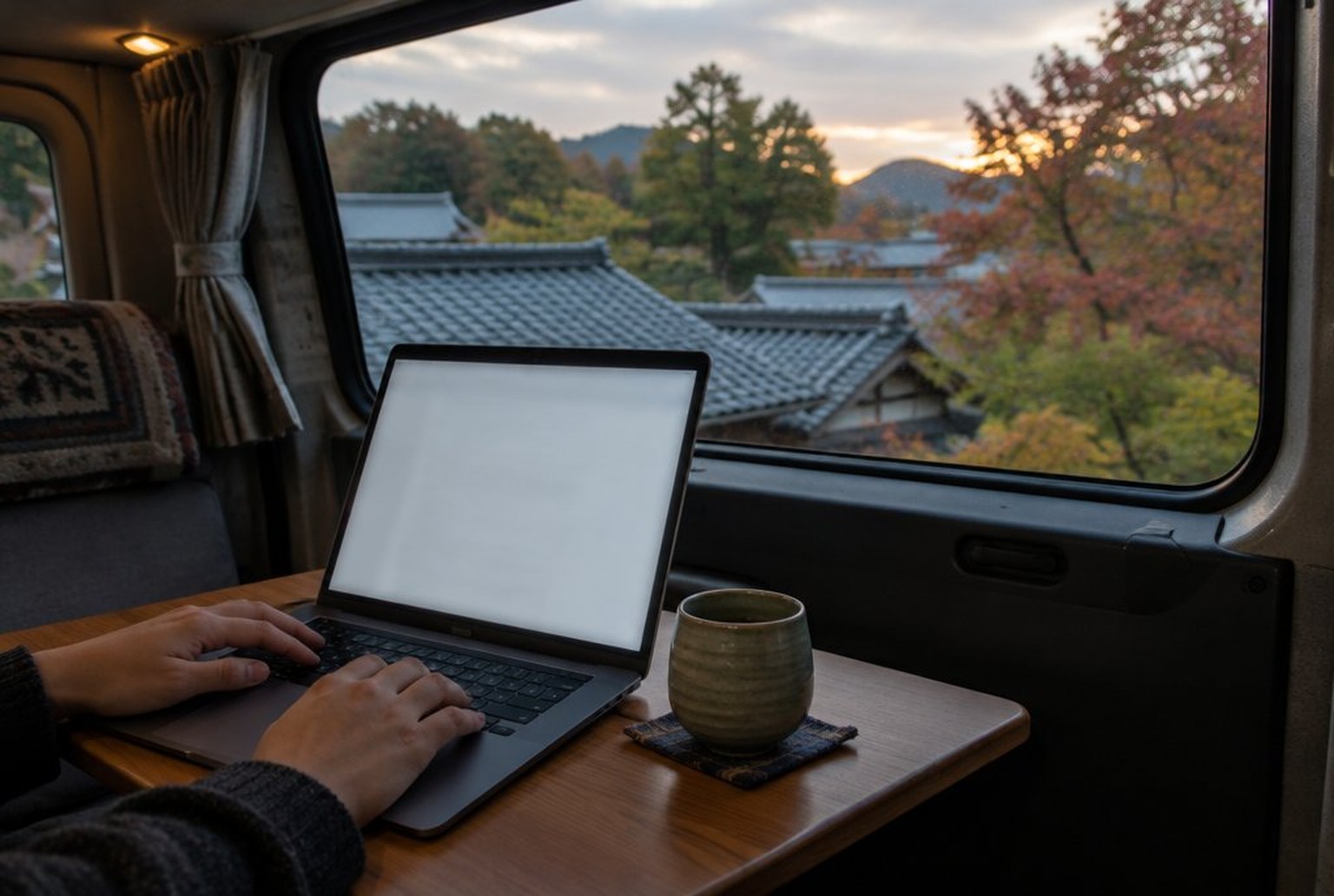 夕方のバンの車内で、小さなテーブルにノートパソコンと湯呑みが置かれ、窓の外に瓦屋根と色づき始めた木々が見える作業スペース