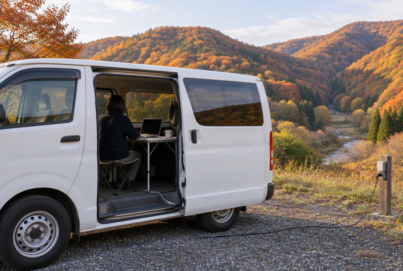 秋の夕方、山あいの駐車区画に停めたバンの開いたスライドドアの内側で、折りたたみ机に置いたノートPCに向かう人の後ろ姿。外は紅葉した山。イメージ画像（AI生成。実際の施設・商品の写真ではありません）