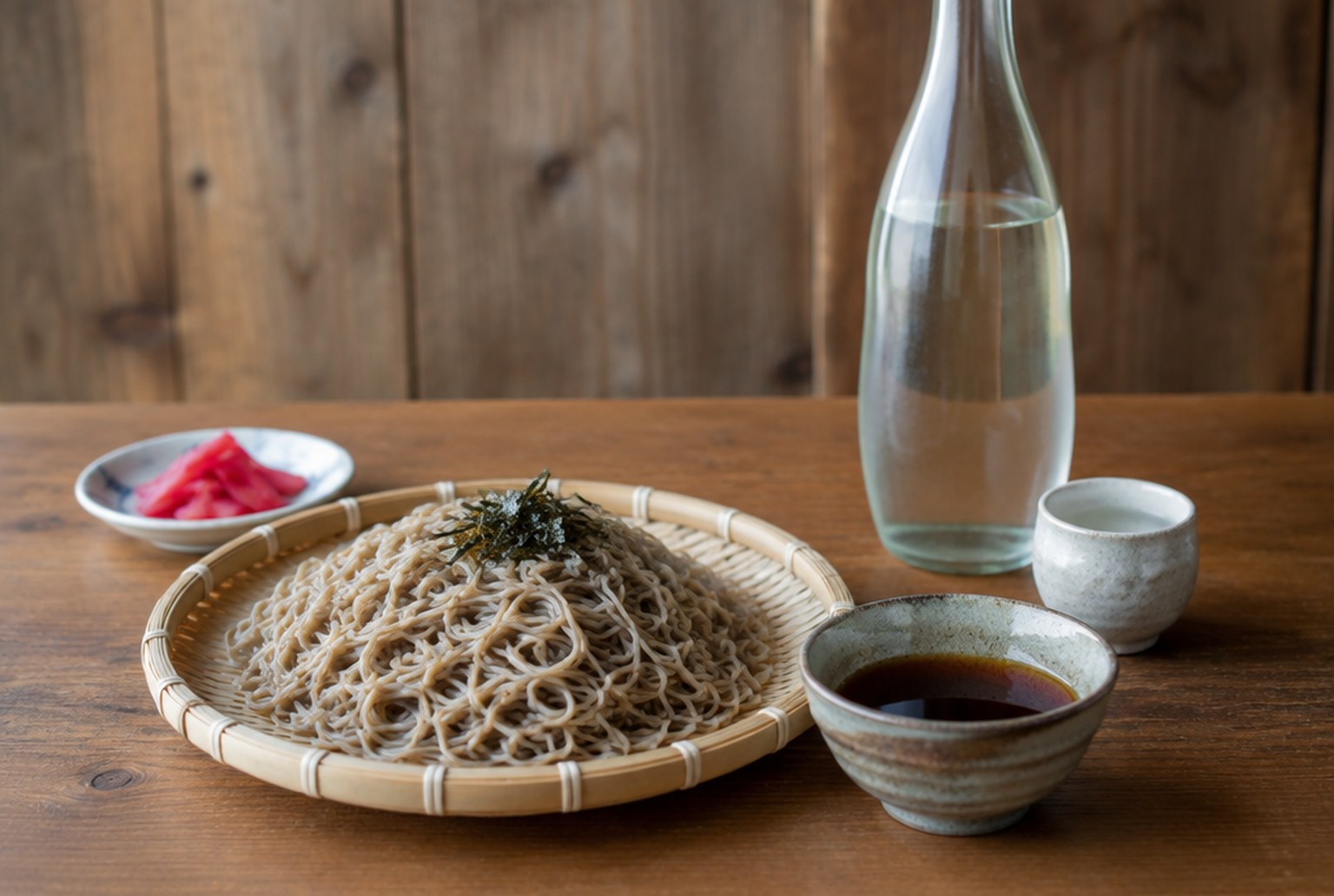 木の台の上に、竹ざるに盛ったそばとそばつゆ、赤いかぶの漬物の小皿、ラベルのない瓶とおちょこ。背景は板壁がぼけて見える程度。イメージ画像（AI生成。実際の施設・商品の写真ではありません）
