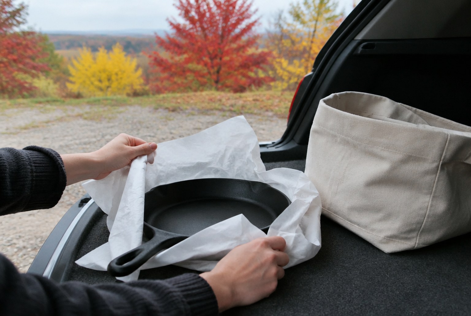 車のリアゲートを開けた荷室の端で、無地の黒い鋳鉄のスキレットをキッチンペーパーで包んでいる手元。横に布の収納袋。外は紅葉した木と朝の光。イメージ画像（AI生成。実際の施設・商品の写真ではありません）