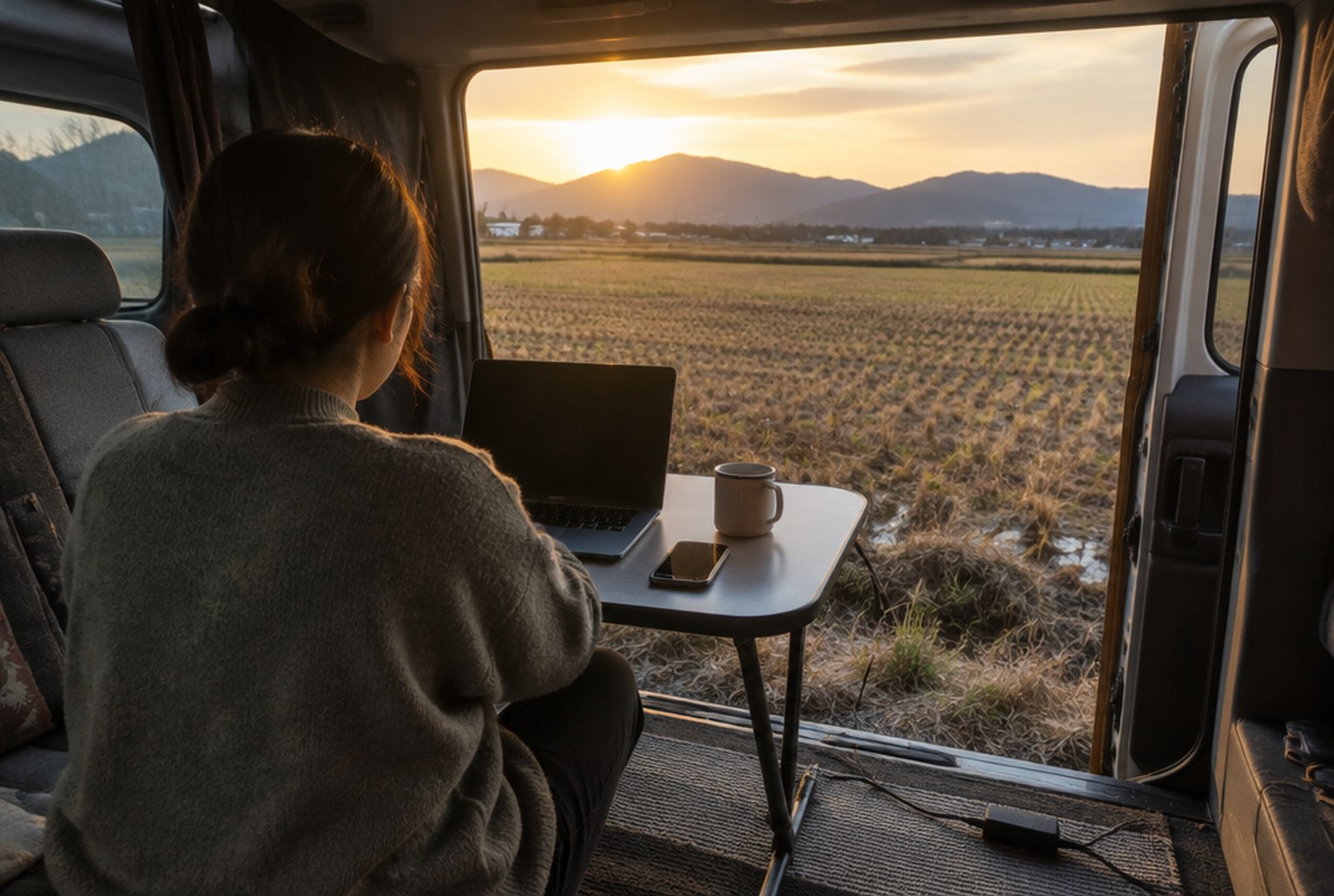 夕方、車内の折りたたみ机にノートPCとスマホ、マグカップ。開いたスライドドアの外に、刈り取りの終わった田んぼと低い山並み。机に向かう人の後ろ姿。イメージ画像（AI生成。実際の施設・商品の写真ではありません）