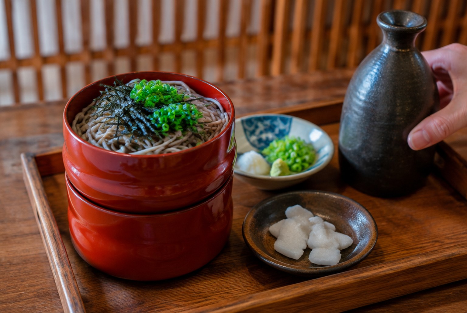 木の盆の上に、朱色の丸い漆器を重ねたそば、ねぎと大根おろしの薬味の小皿、小皿にのせた白い砂糖菓子、陶器の徳利。背景は格子のある板壁がぼける程度。イメージ画像（AI生成。実際の施設・商品の写真ではありません）