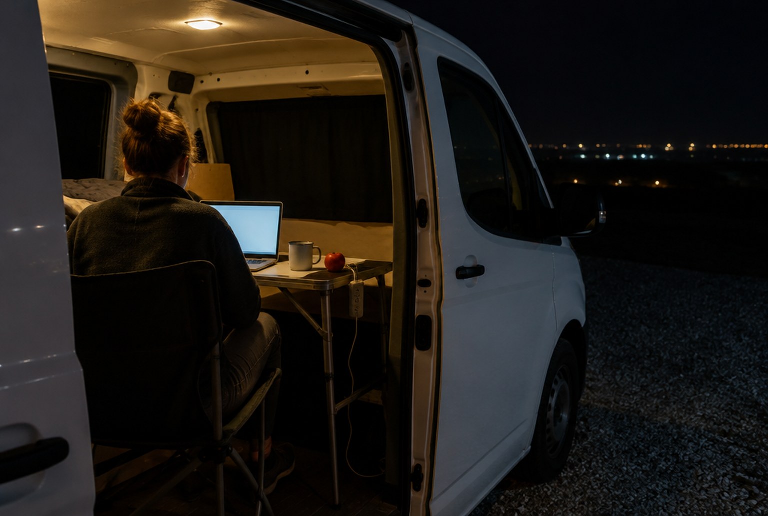 夜、駐車区画に停めたバンのスライドドアの内側で、折りたたみ机のノートPCに向かう人の後ろ姿。机の端に電源タップとりんごが1個。ドアの外は暗く、遠くに街の明かり。イメージ画像（AI生成。実際の施設・商品の写真ではありません）