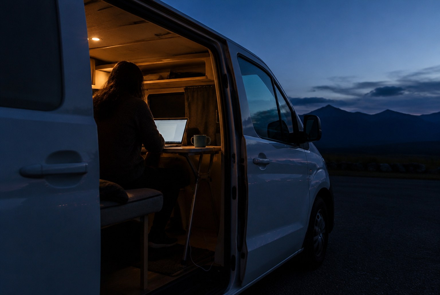 夕方、アスファルトの駐車区画に停めたバンのスライドドアを開けた内側で、折りたたみ机のノートPCに向かう人の後ろ姿。机の端に電源ケーブルとマグカップ。ドアの外は暮れかけた空と、遠くの山の稜線。イメージ画像（AI生成。実際の施設・商品の写真ではありません）
