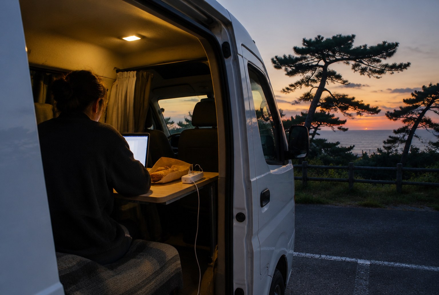 夕方、駐車区画に停めたバンのスライドドアの内側で、折りたたみ机のノートPCに向かう人の後ろ姿。机の端に電源タップと紙袋に入ったパン。ドアの外は、夕焼けが残る空と松林のシルエット。イメージ画像（AI生成。実際の施設・商品の写真ではありません）