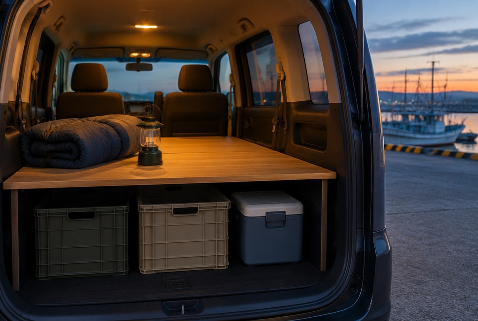 背の高いミニバンの荷室を、開いたバックドアの外から見た様子。2列目を倒した上から荷室の後端まで、木目調の平らな板が一面に渡され、板の下の段にコンテナとクーラーボックスが収まっている（イメージ画像（AI生成。実際の施設・商品の写真ではありません））