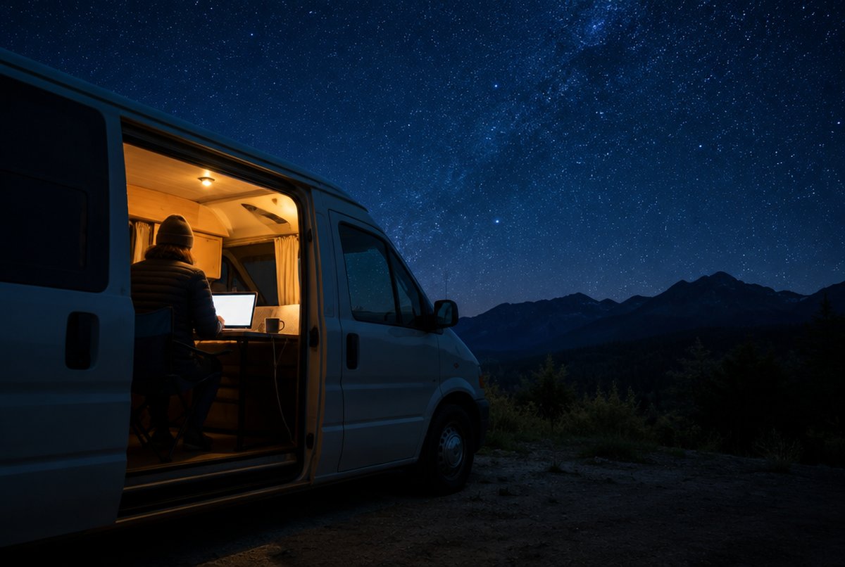 夜、土の区画に停めたバンのスライドドアを開けた内側で、折りたたみ机のノートPCに向かう人の後ろ姿。机の端に電源ケーブルとマグカップ。ドアの外は群青の夜空に星が出ている。イメージ画像（AI生成。実際の施設・商品の写真ではありません）