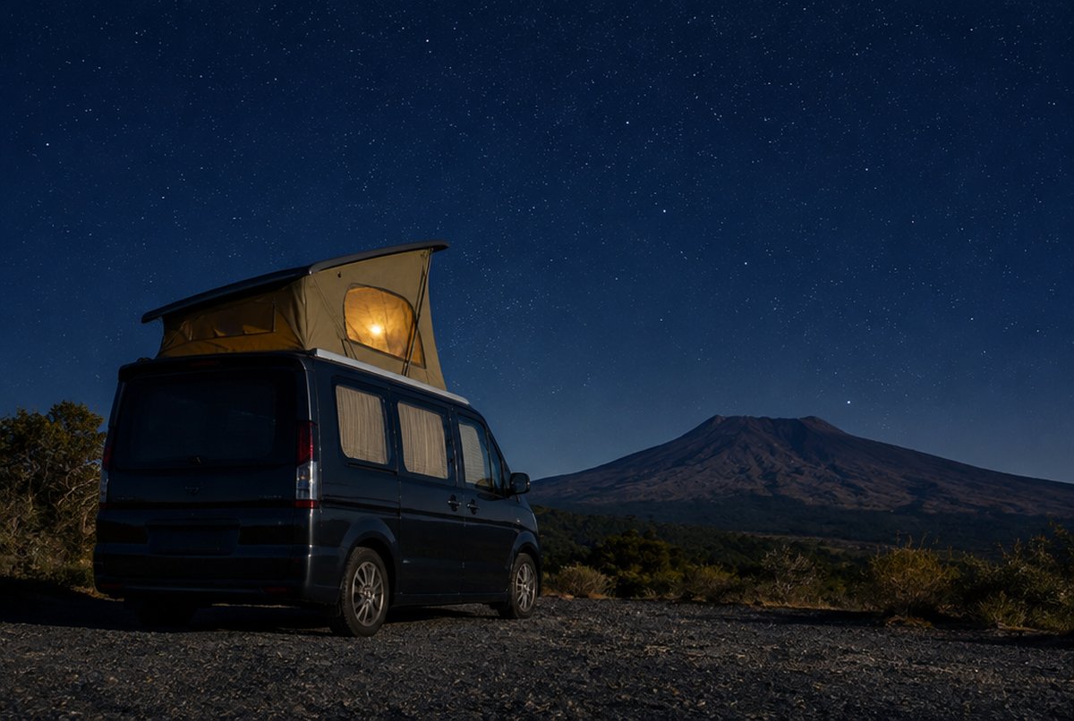 夜、星空の下の高原の駐車場に停まった箱型ミニバン。屋根の上にテント生地のポップアップルーフが持ち上がり、側面のメッシュ窓から暖色の明かりが漏れている（イメージ画像（AI生成。実際の施設・商品の写真ではありません））