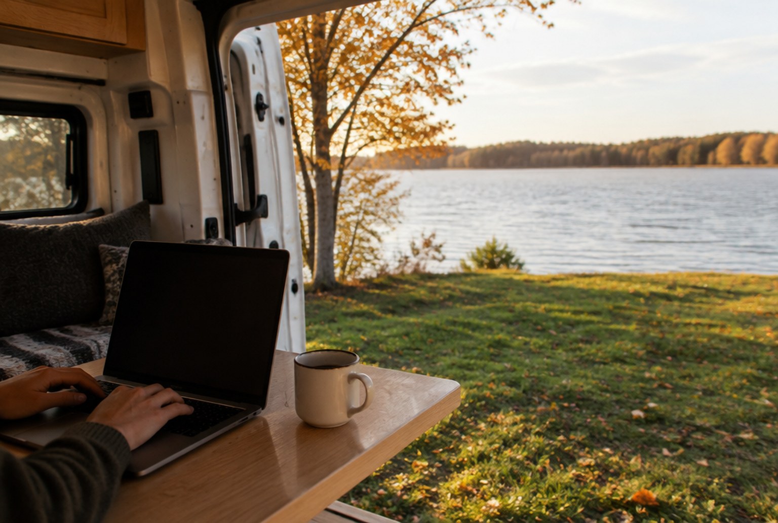 湖のそばに停めたバンの車内。開けたドアの向こうに芝生と湖、ノートPCに向かう人の手元とマグカップ。イメージ画像（AI生成。実際の施設・商品の写真ではありません）