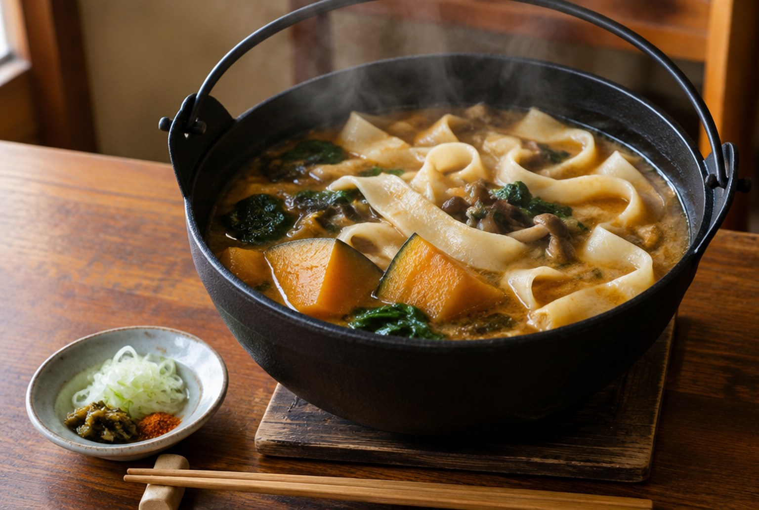 木のテーブルに置かれた鉄鍋の煮込みうどん。太い平打ち麺とかぼちゃ、青菜が味噌色の汁に入り、湯気が立つ。手前に小皿の薬味。イメージ画像（AI生成。実際の施設・商品の写真ではありません）