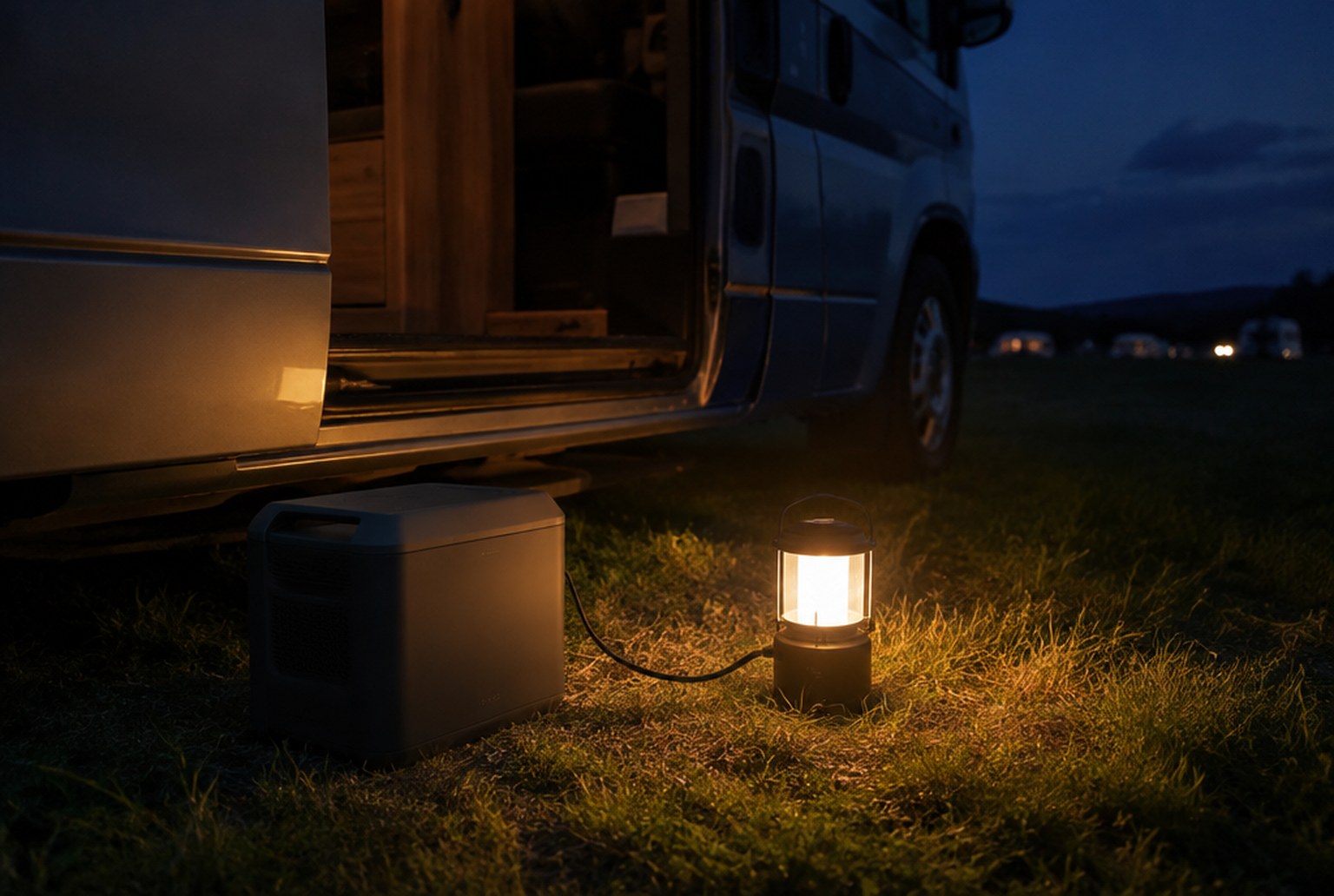 夜の芝生の区画で、キャンピングカーのスライドドアの脇にポータブル電源が置かれ、そこから延びたケーブルがランタンにつながっている。車の周りは暗く、遠くに別の区画の明かりが小さく見える（イメージ画像（AI生成。実際の施設・商品の写真ではありません））